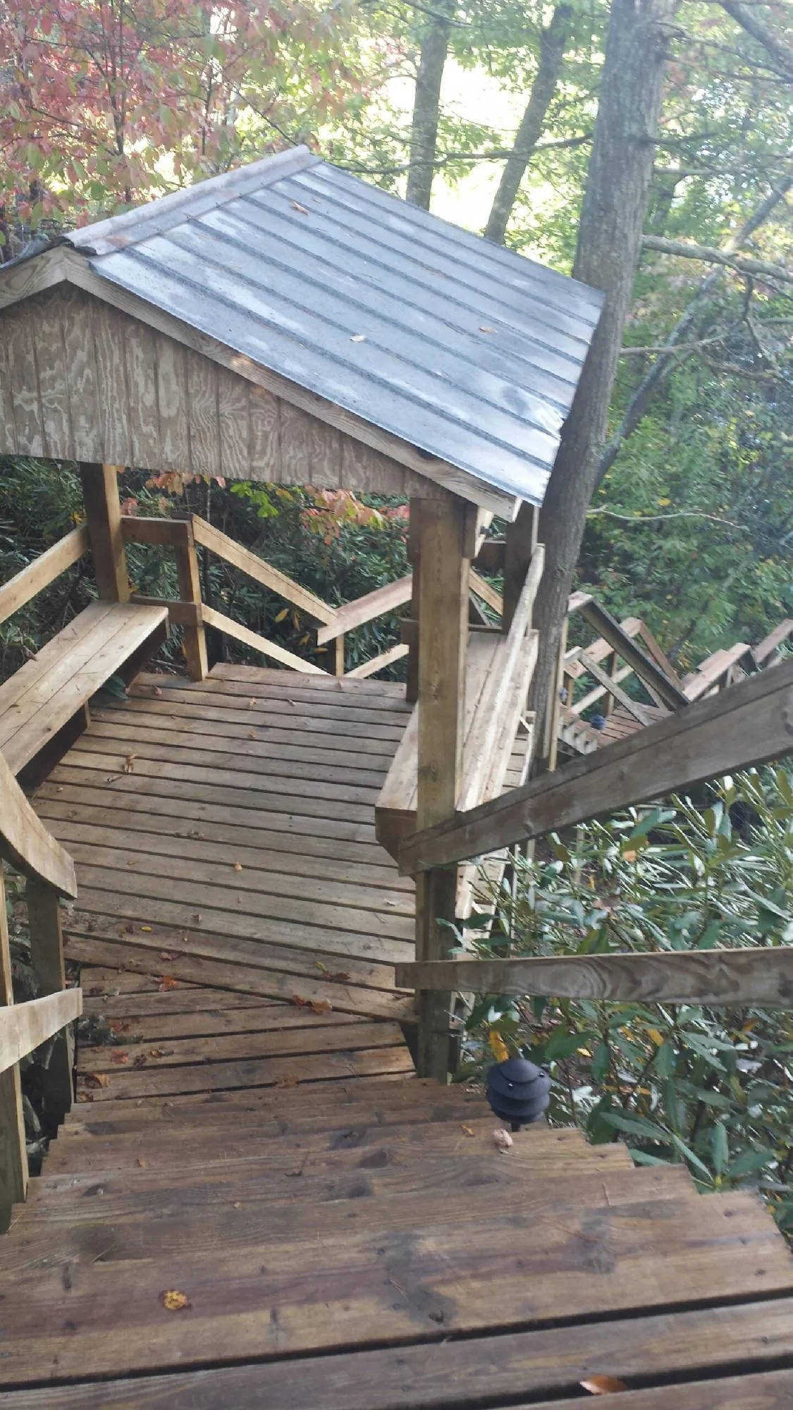 Metal roofed shelter over wooden steps on a wooded walkway — Skylight Repair & Installation work by our crew in Congerville