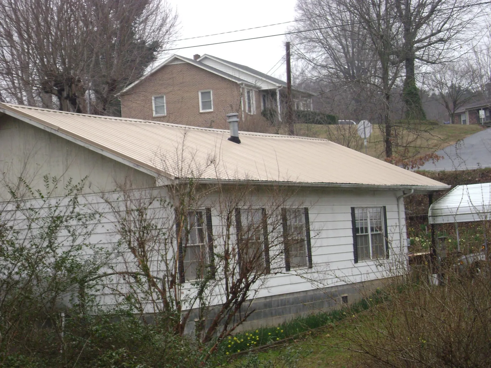 Tan metal roof on a white sided house set into a hillside in Congerville